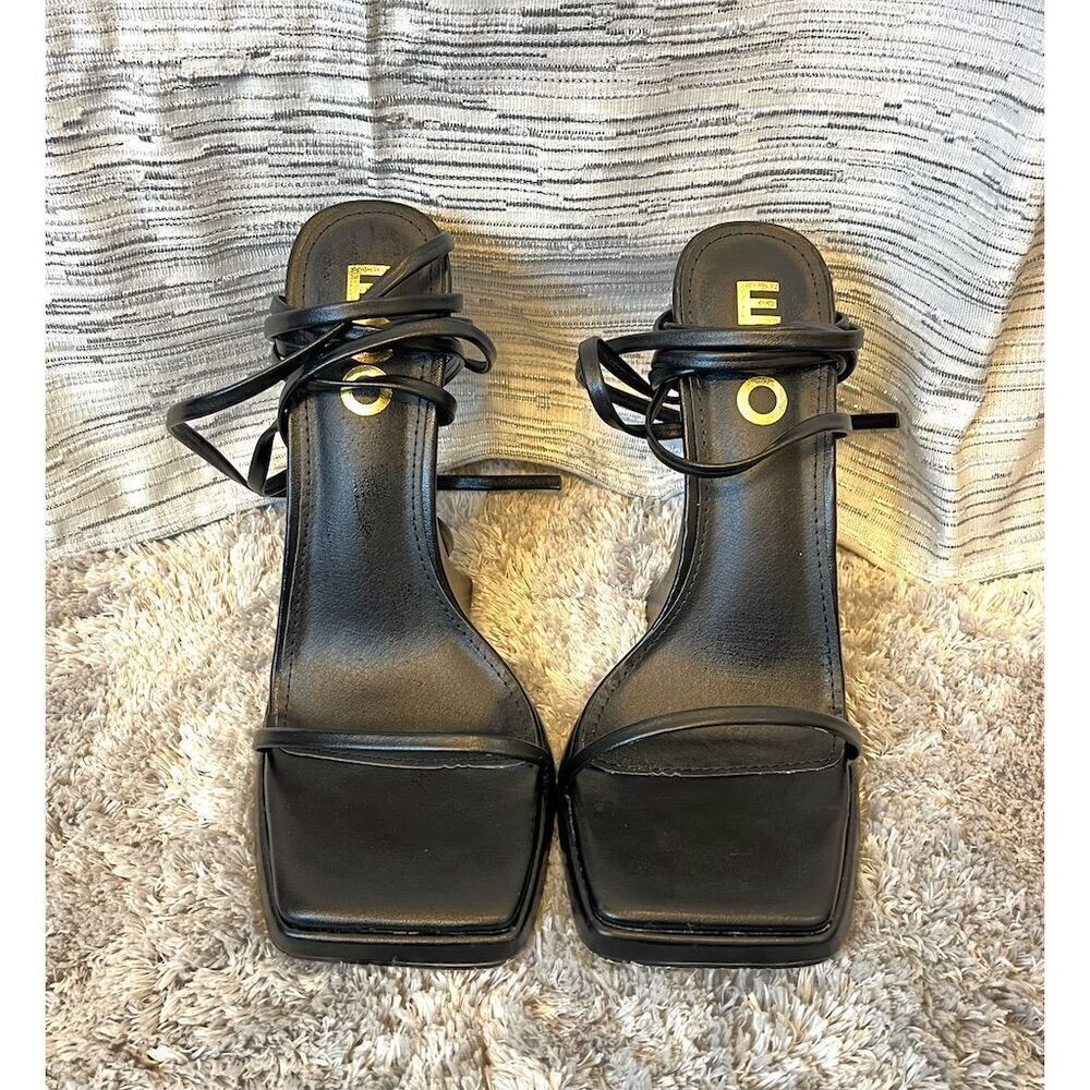 EGO Women's Black Strappy High Heels US 7 Square Toe Party Shoes Witchy Goth